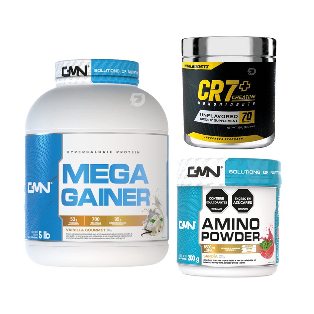 PROTEÍNA MEGA GAINER 5 LIBRAS + CREATINA CR7 INE 350 GRAMOS + AMINO MASS 200 GRAMOS